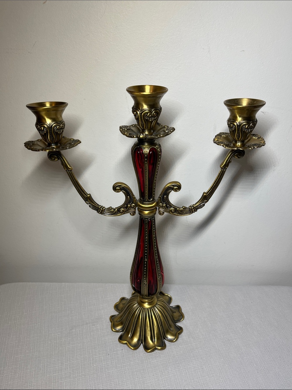 Vintage Brass and Red Glass Insert Three-Arm Candelabra. Victorian. Centrepiece